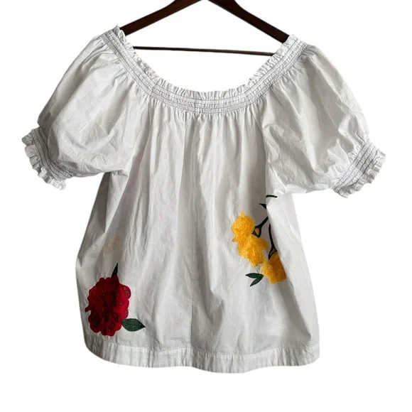 By Anthropologie Puff-Sleeve Tie-Front Embroidered Blouse Sz 1X - Picture 6 of 7